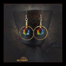 Load image into Gallery viewer, elfin alchemy gold colour sculptural hoop rainbow colour Swarovski crystal earrings, handmade in Lancashire, England
