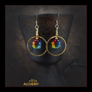 elfin alchemy gold colour sculptural hoop rainbow colour Swarovski crystal earrings, handmade in Lancashire, England