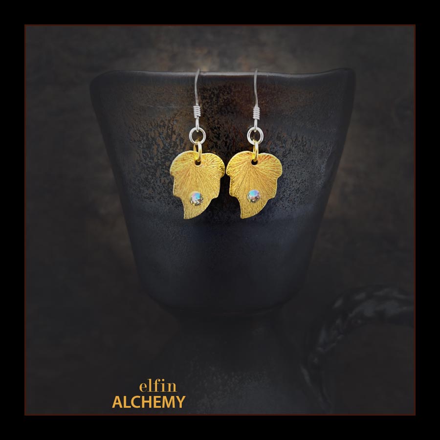 elfin alchemy gold colour leaf charm earrings with Swarovski crystals and sterling silver ear hooks, handmade in Lancashire, England