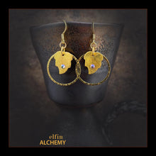Load image into Gallery viewer, elfin alchemy gold colour leaf charm earrings with Swarovski crystals and hammered hoops with plated metal ear hooks, handmade in Lancashire, England
