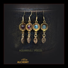 Load image into Gallery viewer, zodiac birthstone Aquarius and Pisces Swarovski crystal earrings in gold tone plated metal handmade by elfin alchemy in Lancashire
