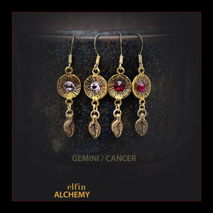 zodiac birthstone Gemini and Cancer Swarovski crystal earrings in gold tone plated metal handmade by elfin alchemy in Lancashire