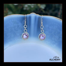 Load image into Gallery viewer, zodiac Gemini birthstone elfin alchemy spiral earrings with light amethyst colour Swarovski crystal, handcrafted in Lancashire

