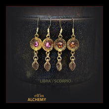 Load image into Gallery viewer, zodiac birthstone Libra and Scorpio Swarovski crystal earrings in gold tone plated metal handmade by elfin alchemy in Lancashire
