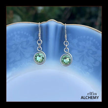 Load image into Gallery viewer, zodiac Leo birthstone elfin alchemy spiral earrings with peridot colour Swarovski crystal, handcrafted in Lancashire
