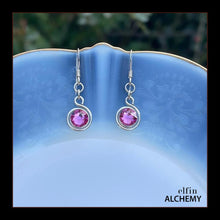 Load image into Gallery viewer, zodiac Libra birthstone elfin alchemy spiral earrings with rose colour Swarovski crystal, handcrafted in Lancashire
