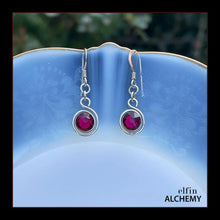 Load image into Gallery viewer, zodiac Cancer birthstone elfin alchemy spiral earrings with ruby colour Swarovski crystal, handcrafted in Lancashire
