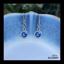 Load image into Gallery viewer, zodiac Virgo birthstone elfin alchemy spiral earrings with sapphire colour Swarovski crystal, handcrafted in Lancashire

