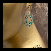 Load image into Gallery viewer, elfin alchemy turquoise sculptural scroll style earrings, inspired by the magical art of our ancient ancestors, handmade in Lancashire, England
