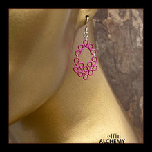 Load image into Gallery viewer, elfin alchemy bright pink sculptural scroll style earrings, inspired by the magical art of our ancient ancestors, handmade in Lancashire, England
