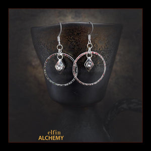 elfin alchemy silver colour hoop Swarovski charm earrings with stunning sparkles, handmade in Lancashire, England