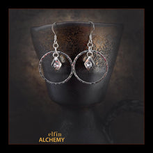 Load image into Gallery viewer, elfin alchemy silver colour hoop Swarovski charm earrings with stunning sparkles, handmade in Lancashire, England
