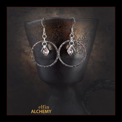 elfin alchemy silver colour hoop Swarovski charm earrings with stunning sparkles, handmade in Lancashire, England