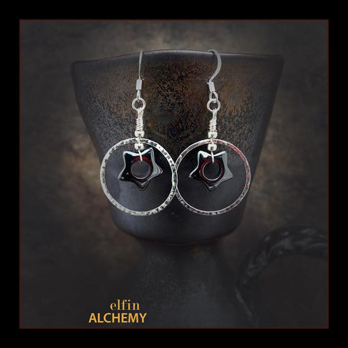 elfin alchemy silver colour hoop hematine gemstone star earrings, handmade in Lancashire, England