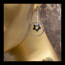 Load image into Gallery viewer, elfin alchemy silver colour textured hoop earrings with large star-shaped hematine gemstones and sterling silver ear hooks, handmade in Lancashire, England
