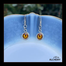 Load image into Gallery viewer, zodiac Scorpio birthstone elfin alchemy spiral earrings with topaz colour Swarovski crystal, handcrafted in Lancashire
