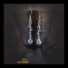 Load image into Gallery viewer, elfin alchemy sterling silver sculptural vine scroll crystal Swarovski pear earrings inspired by the magical art of our ancient ancestors, handmade in Lancashire, England
