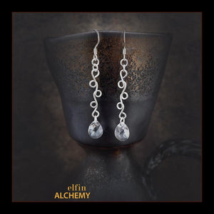 elfin alchemy sterling silver sculptural vine scroll crystal Swarovski pear earrings inspired by the magical art of our ancient ancestors, handmade in Lancashire, England