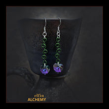 Load image into Gallery viewer, elfin alchemy forest green sculptural vine scroll Swarovski crystal heart earrings inspired by the magical art of our ancient ancestors, handmade in Lancashire, England
