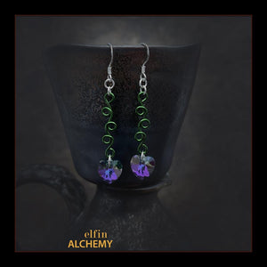 elfin alchemy forest green sculptural vine scroll paradise shine Swarovski heart earrings inspired by the magical art of our ancient ancestors, handmade in Lancashire, England