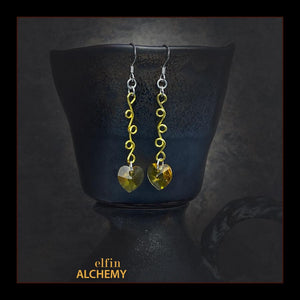 elfin alchemy gold sculptural vine scroll Swarovski heart earrings inspired by the magical art of our ancient ancestors, handmade in Lancashire, England