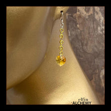 Load image into Gallery viewer, elfin alchemy gold sculptural vine scroll Swarovski heart earrings with sterling silver ear hooks inspired by the magical art of our ancient ancestors, handmade in Lancashire, England
