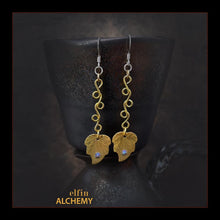 Load image into Gallery viewer, elfin alchemy gold colour leaf charms with Swarovski crystals and vine scroll wirework earrings with sterling silver hooks, handmade in Lancashire, England
