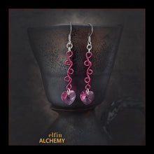 Load image into Gallery viewer, elfin alchemy magenta pink sculptural vine scroll Swarovski heart earrings inspired by the magical art of our ancient ancestors, handmade in Lancashire, England
