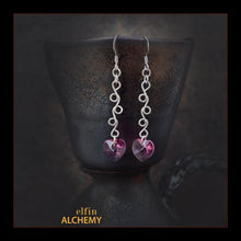 Load image into Gallery viewer, elfin alchemy sterling silver sculptural vine scroll pink Swarovski heart earrings inspired by the magical art of our ancient ancestors, handmade in Lancashire, England
