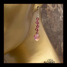 Load image into Gallery viewer, elfin alchemy pink sculptural vine scroll Swarovski heart earrings with sterling silver ear hooks inspired by the magical art of our ancient ancestors, handmade in Lancashire, England
