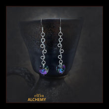 Load image into Gallery viewer, elfin alchemy sterling silver sculptural vine scroll paradise shine Swarovski heart earrings inspired by the magical art of our ancient ancestors, handmade in Lancashire, England
